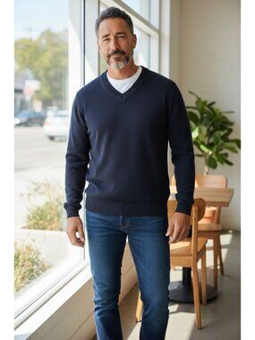 Y2K L.L. Bean Mens V-Neck Sweater Small Cotton Blue Vintage